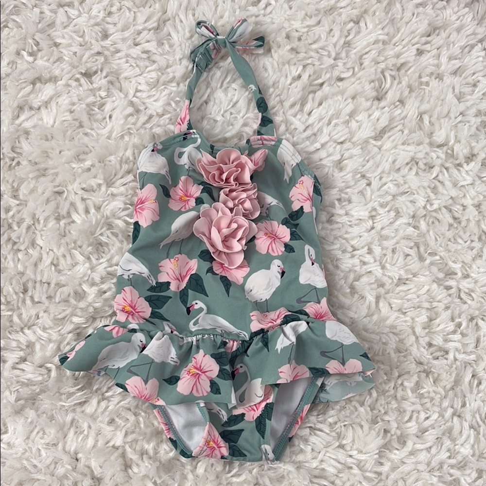 Janie and Jack Green and Pink One Piece Swimsuit with Ruffled Floral Design